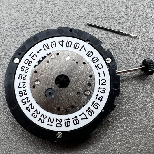Japan Miyota 6S11 quartz watch movement featuring 2 hands, date at 3, small seconds at 6 and 12 positions.
