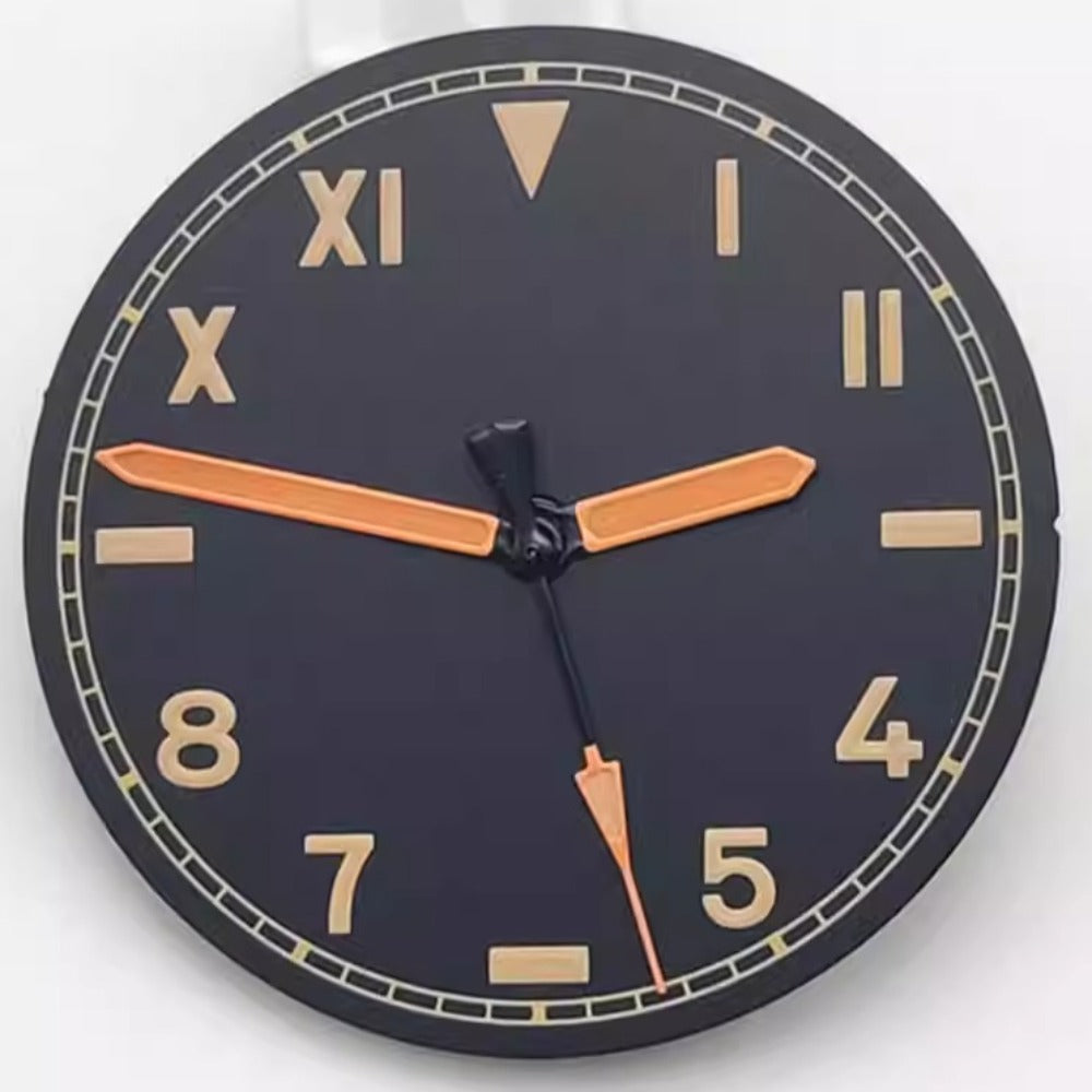 Vintage Orange font 28.5mm black watch dial with black hands and green lume, compatible with NH35/36 movements.