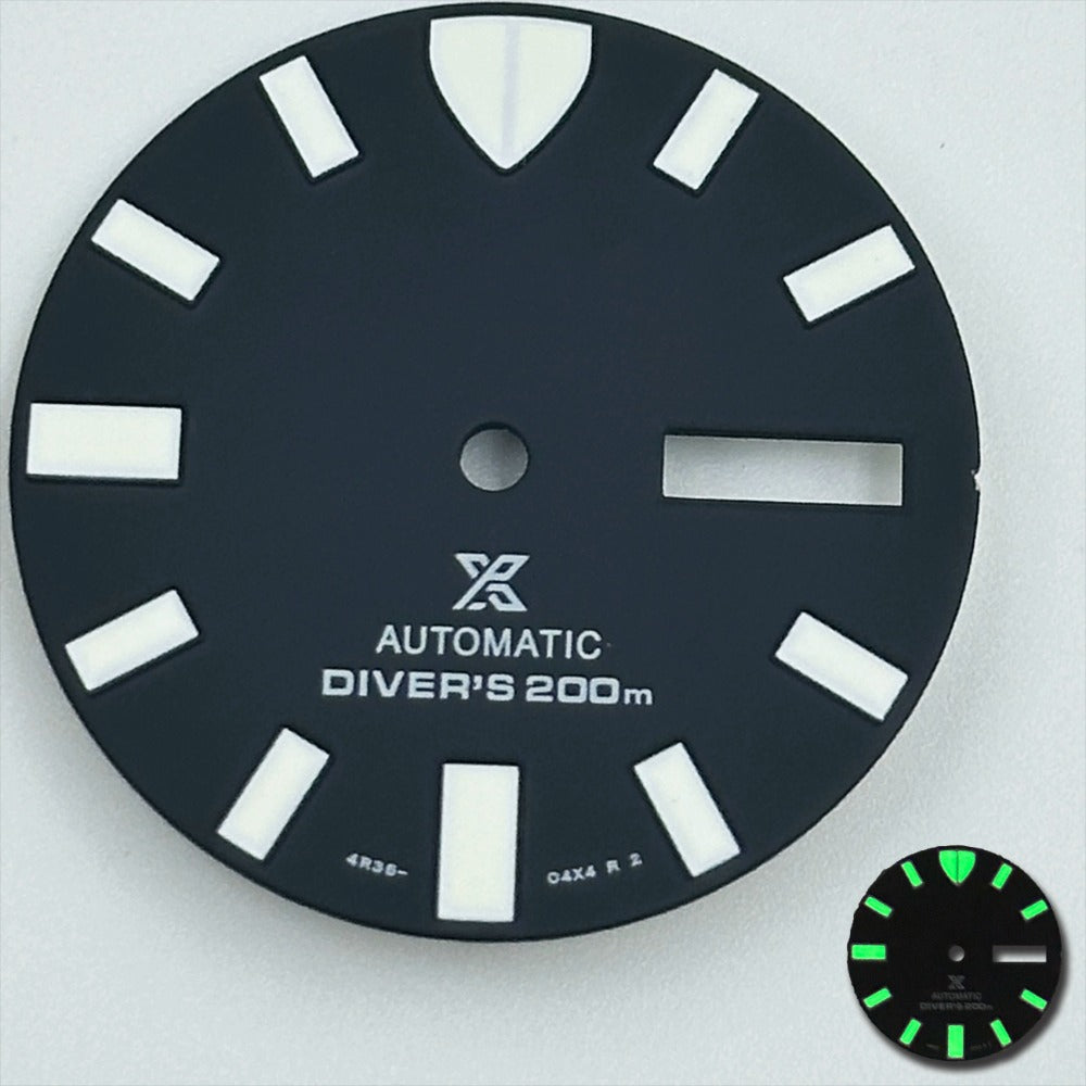 Sleek Black 28.5mm Diving Watch Dial with Green Luminous Markers, compatible with NH35 NH36