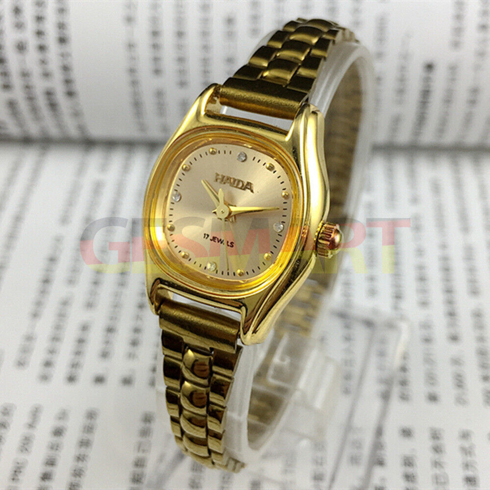 HAIDA Manual Mechanical Lady Watch with golden nail accents, 17 jewels, champagne dial, and square case for elegant wear.