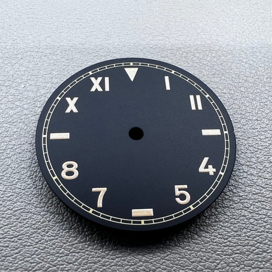 28.5mm green lume watch dial with vintage orange font, compatible with NH35/36/2824/8215 movements.