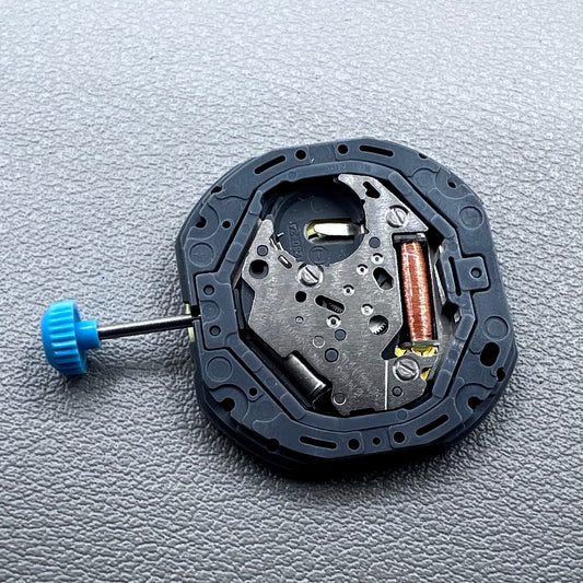 Japan Miyota 6M50 Quartz watch movement with golden dial, date at 6 o'clock, 3 hands, precise timekeeping.