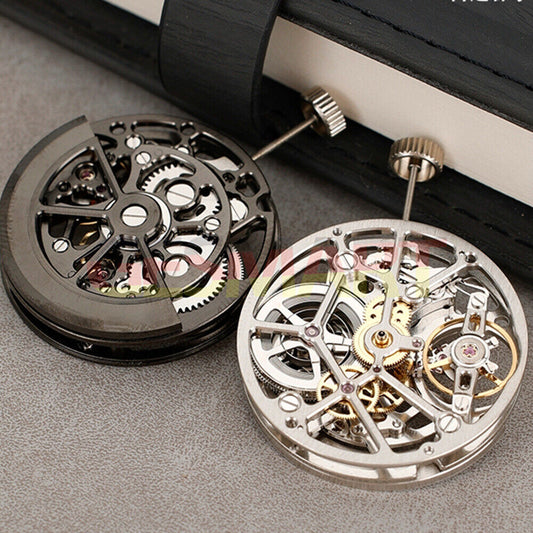 HZ1A09A silver and black hollow balance wheel watch movement, showcasing precision mechanical craftsmanship.