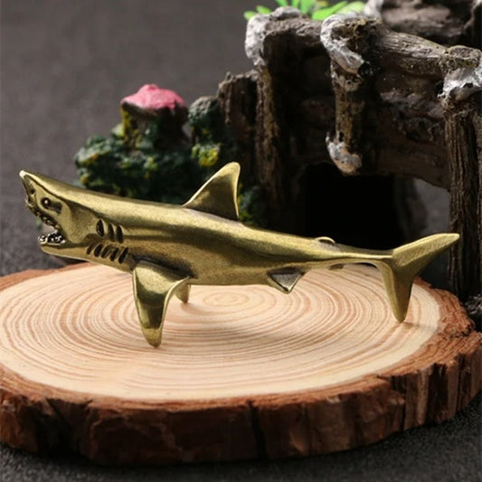 Solid copper shark trinket, vintage hand-carved bronze model figurine for collectors.