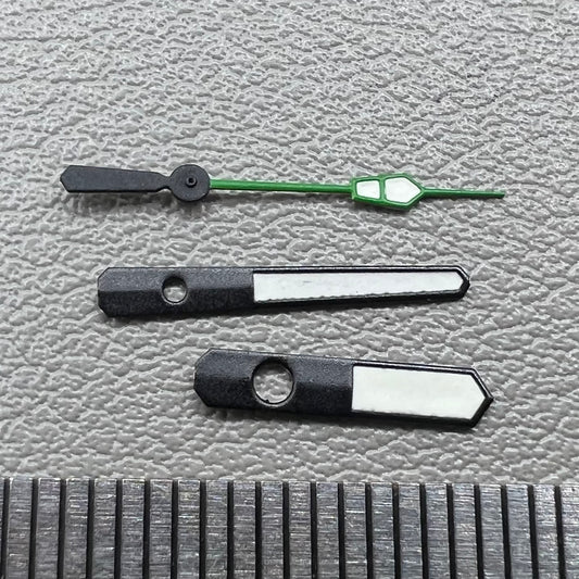 Set of 12.5mm green lume watch hands with black trim for NH35 NH36 7S26 7S36 movements.