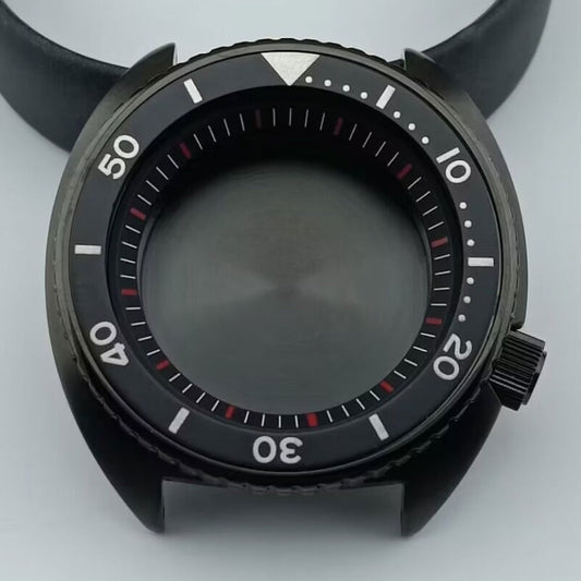42.5mm black watch case with bezel and ring, compatible with NH35 NH36 NH38 NH70 NH72 movements, sleek design.