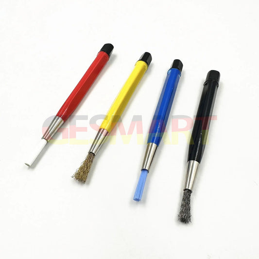 Set of 4 electronic watch repair brushes with glass, steel, and nylon bristles for precision cleaning.
