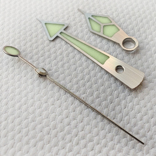 Silver Trim C3 Green Lume watch hands for NH34 NH35 NH36 series, glowing in low light, perfect for watch repair.