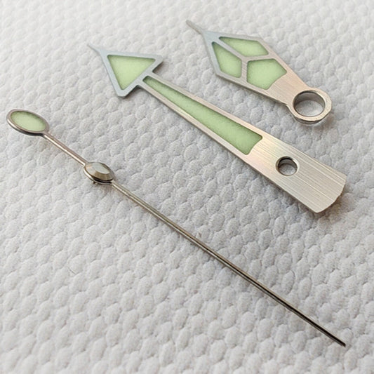 Silver Trim C3 Green Lume watch hands for NH34, NH35, NH36, NH38, NH39, NH70, and 4R/6R movements