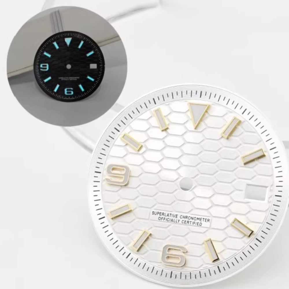 31mm white modified golden nail diving watch dial, fits NH35 NH36 movements, no logo, stylish accessory.