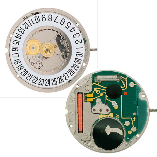 ETA 955.414 Quartz watch with date at 6 o'clock, Swiss movement for precise timekeeping.