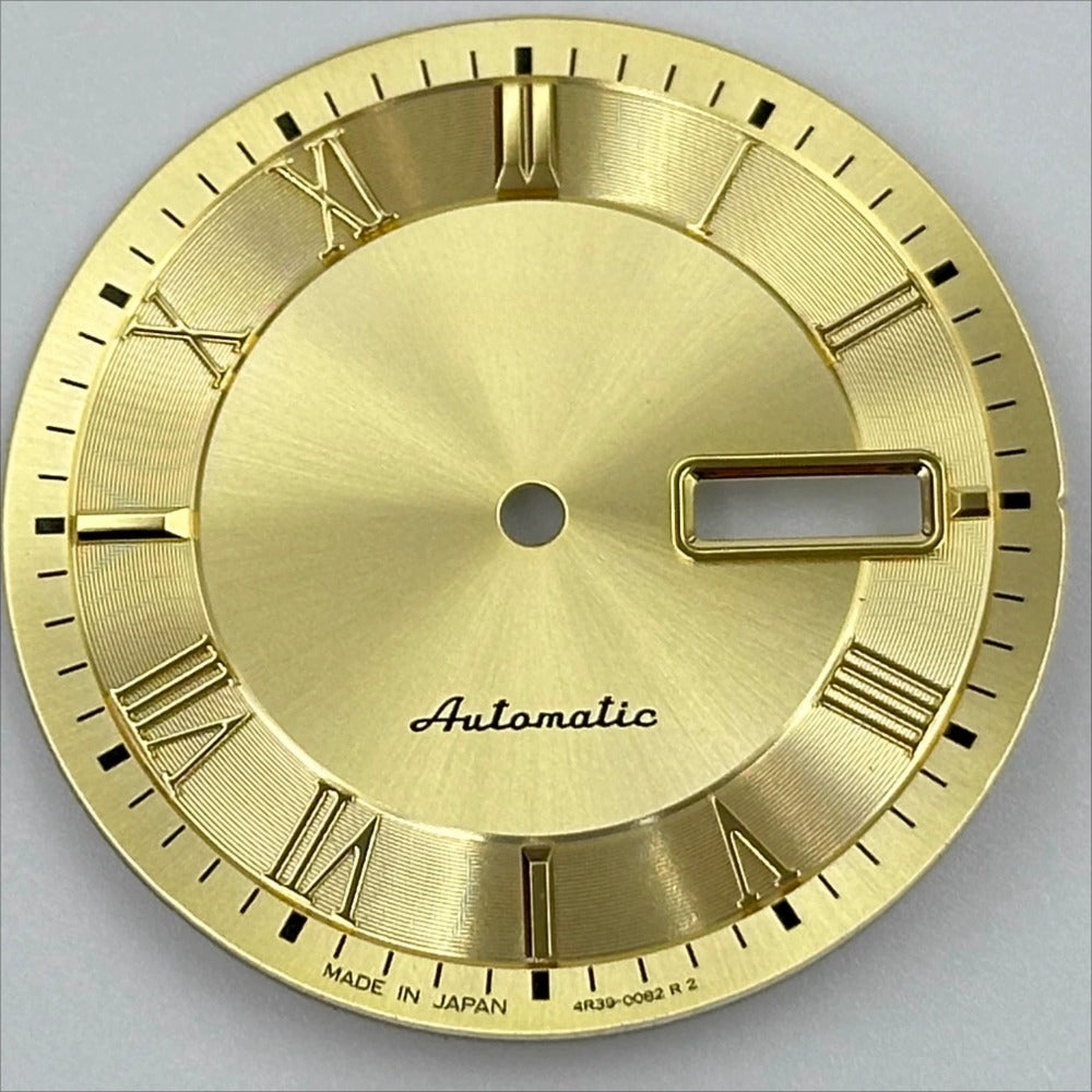 Golden No Lume 32.7mm Roman numeral watch dial for NH35 NH36 movement, classic style.