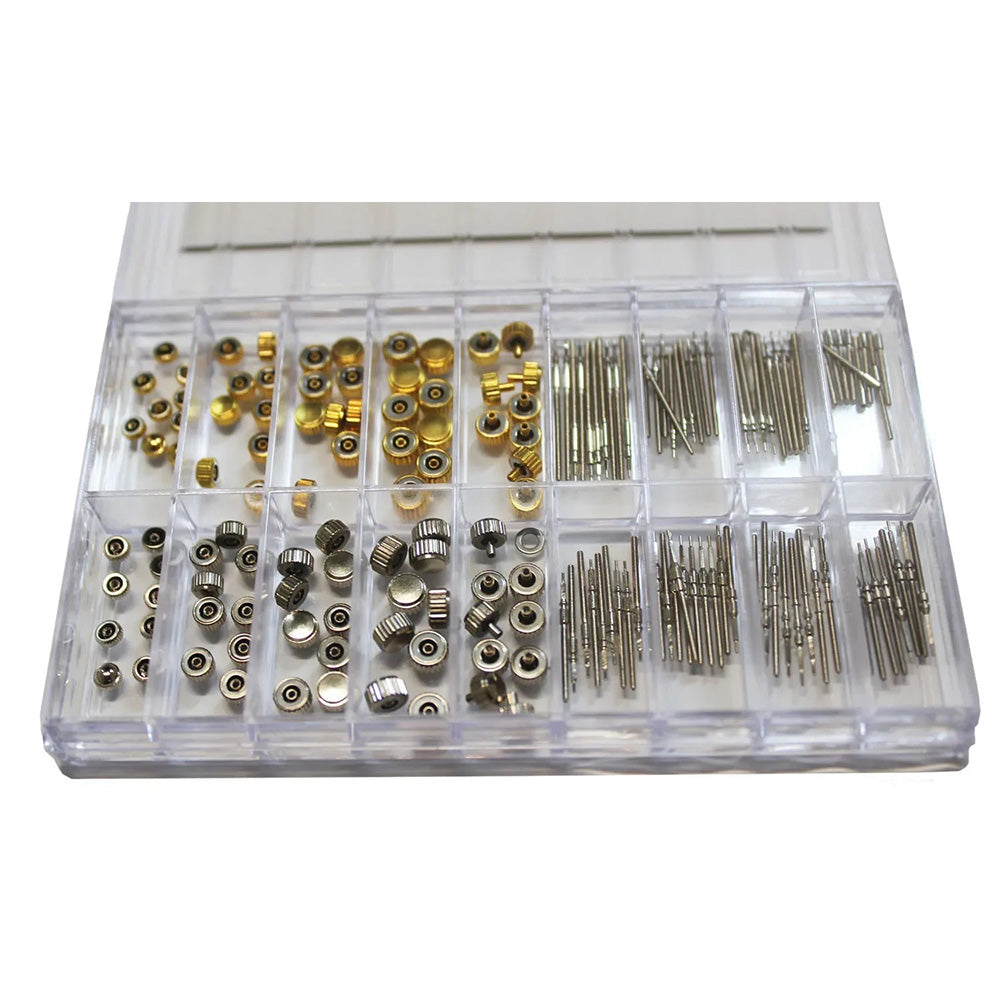 Multisize stainless steel watch winding stem extender with crowns, ideal for watch repair and maker use.