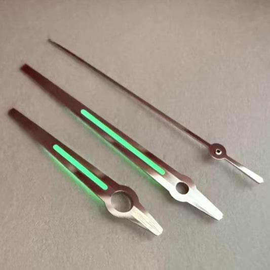 Silver C3 green lume watch hands designed for ETA2824 and 2892 movements.
