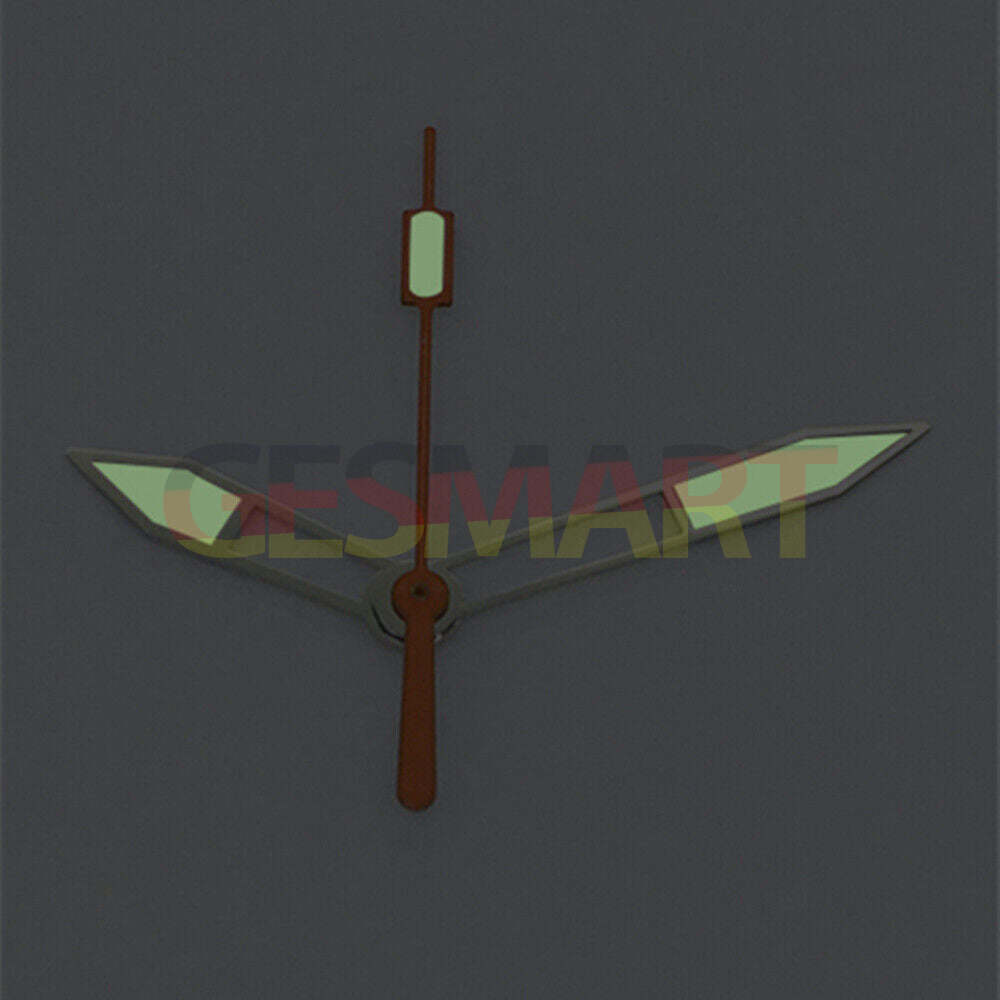 Green luminous watch hands with silver trim and orange second hand for Asian 8215/2813 movements.