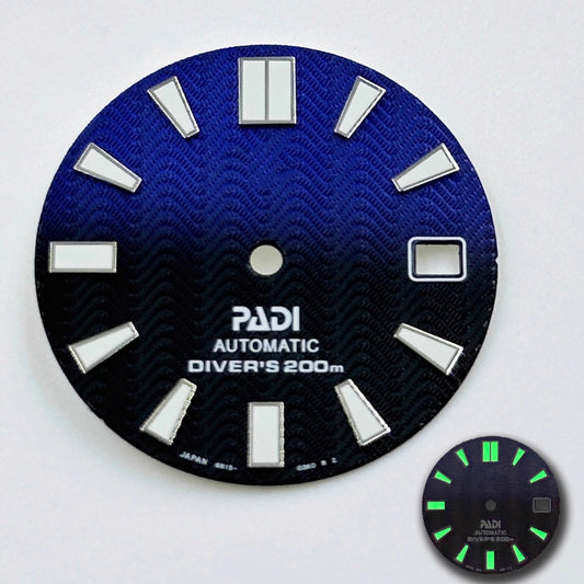 Gradual black and blue 28.5mm diving watch dial with green luminous markers for NH35 NH36 movement.