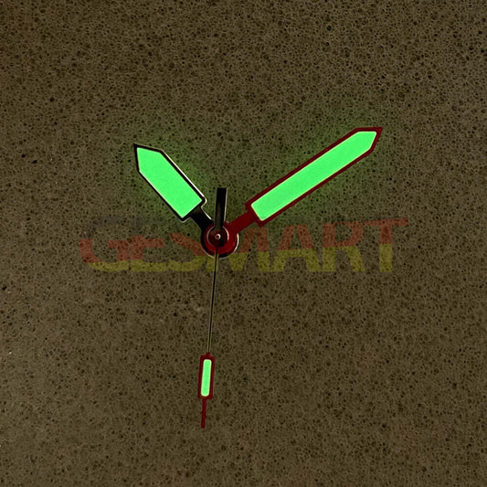 Red and silver trim luminous watch hands for NH35/NH36/4R/7S movements, green glow finish