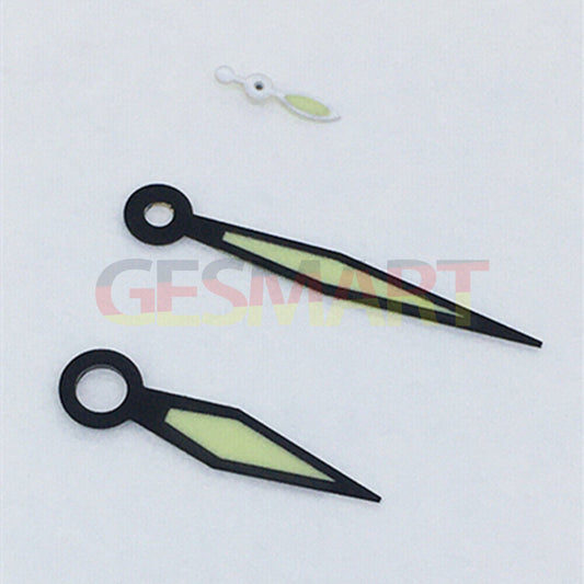 Black trim diamond-shaped green lume watch hands for ST3600/ST3620/ETA6497/6498 movements, precise fit.