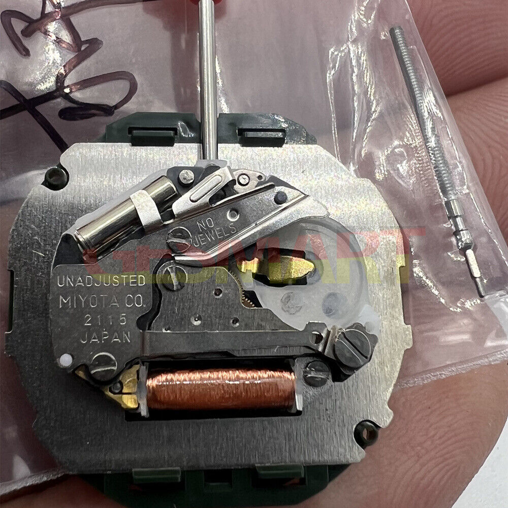 Miyota 2115 Japan Quartz watch movement showing date at 3 o'clock with black disk and three hands.