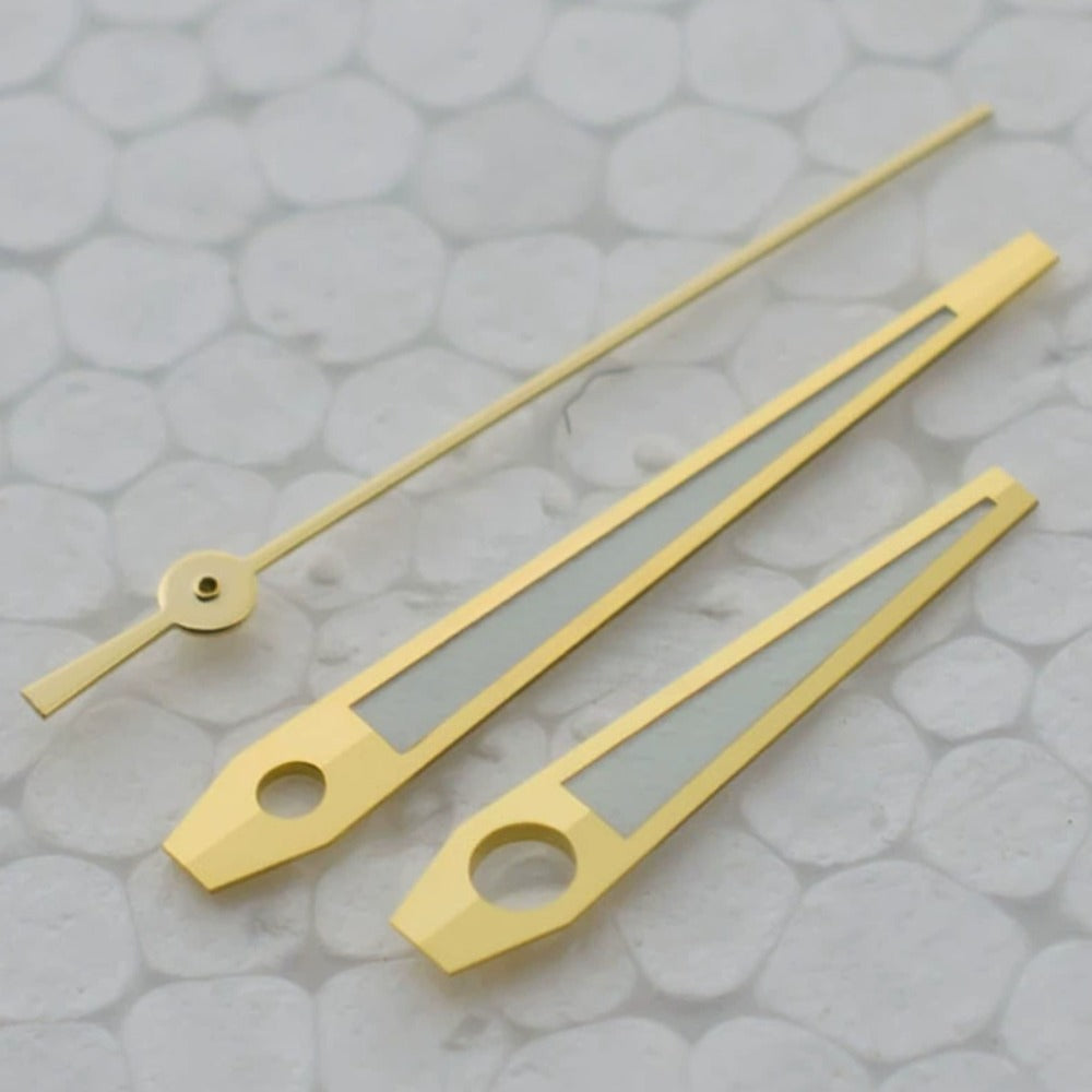 Golden trim green lume watch hands for Japan 8200/8205 movement, precise accessory.