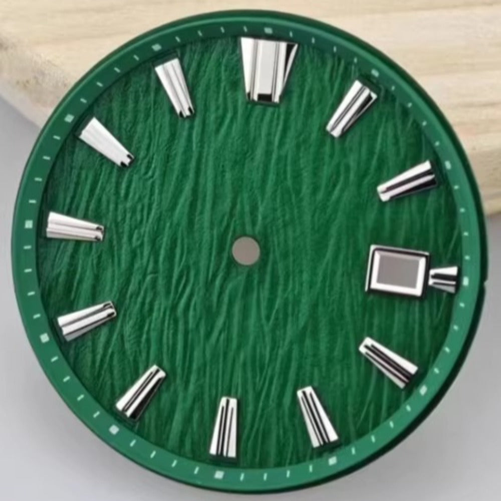 Green Modified Tree Vein 33.5mm watch dial, designed for NH35 NH36 movements, nature-inspired pattern enhancing watch customization.