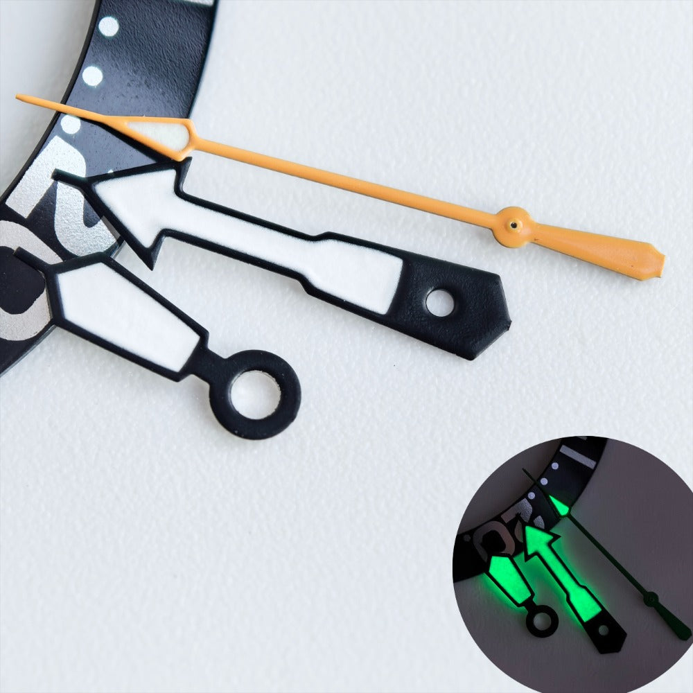 Black-trimmed white and orange watch hands with green lume for NH35/36 movement, enhancing visibility and style.
