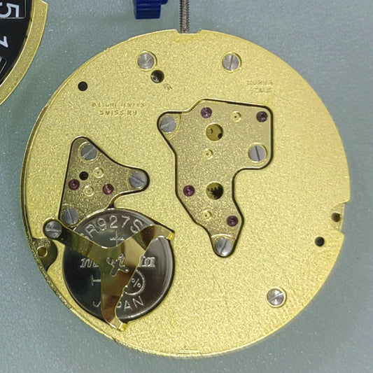 Swiss Made Ronda 4210B quartz movement with gold accents and black dial, single calendar at 12 o?clock.