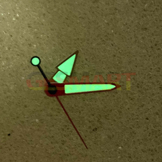 Silver and red trimmed luminous watch hands for NH35/NH36 movement, enhancing visibility and style.