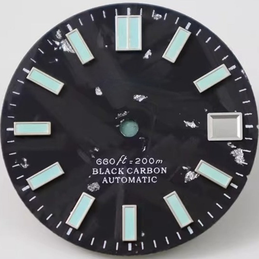 Blue painted nail-shaped C9 lume on 28.5mm black carbon fiber watch dial, compatible with NH34/NH35 movements.