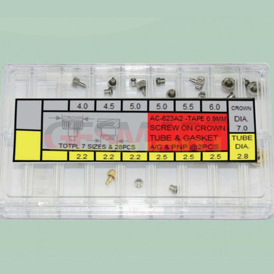 Set of 32 stainless steel watch crowns in silver and gold, includes screw-on tubes and gaskets for repairs.