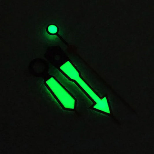 Arrow-shaped red trim watch hands with green lume, compatible with NH35 NH36 movements.