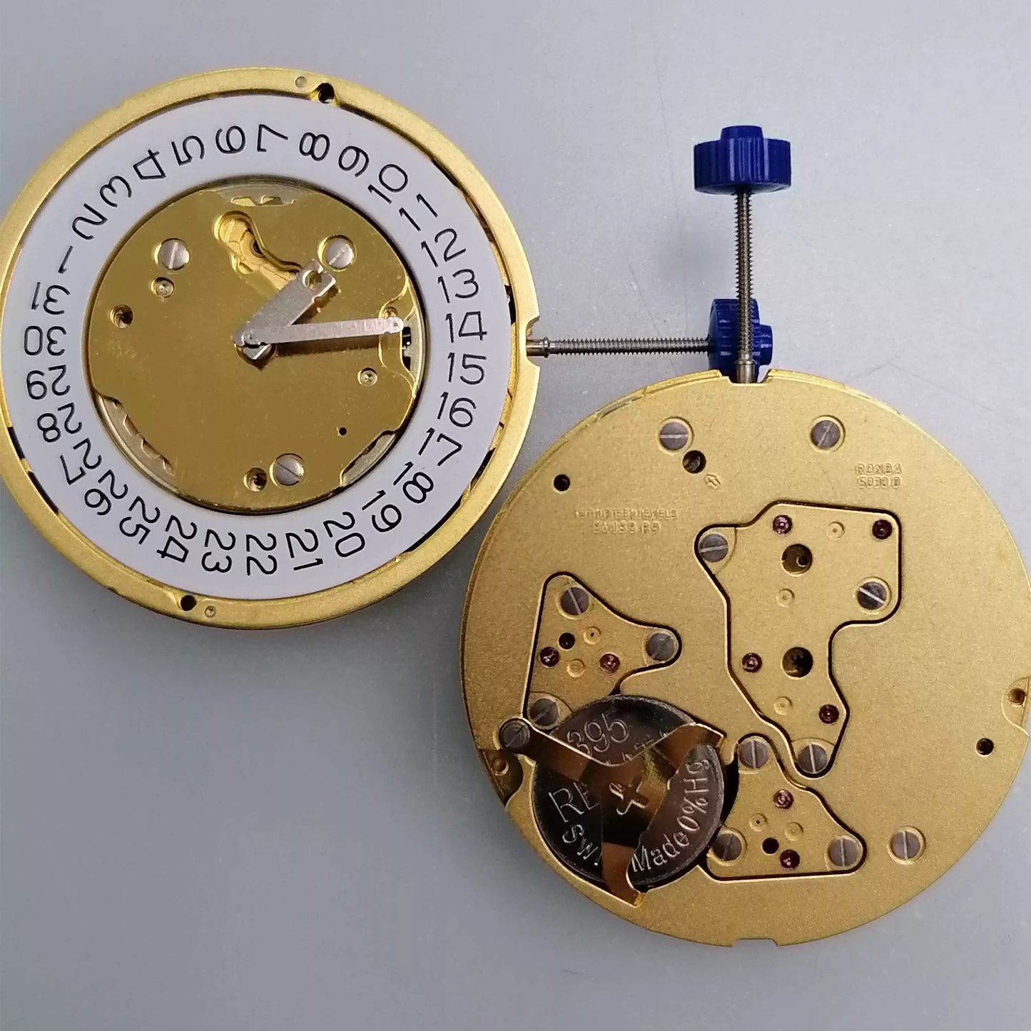 Swiss Made Ronda 5030.D quartz movement with date display at 4 o'clock on white dial