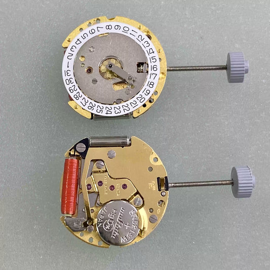 Swiss Made Ronda 775 quartz watch part with white date disk at 3 o'clock, precise movement component.