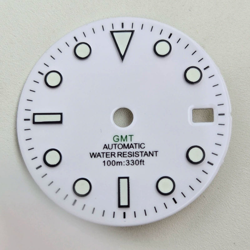 White 28.5mm Blue Lume Watch Dial For NH35 Movement No Logo Green GMT