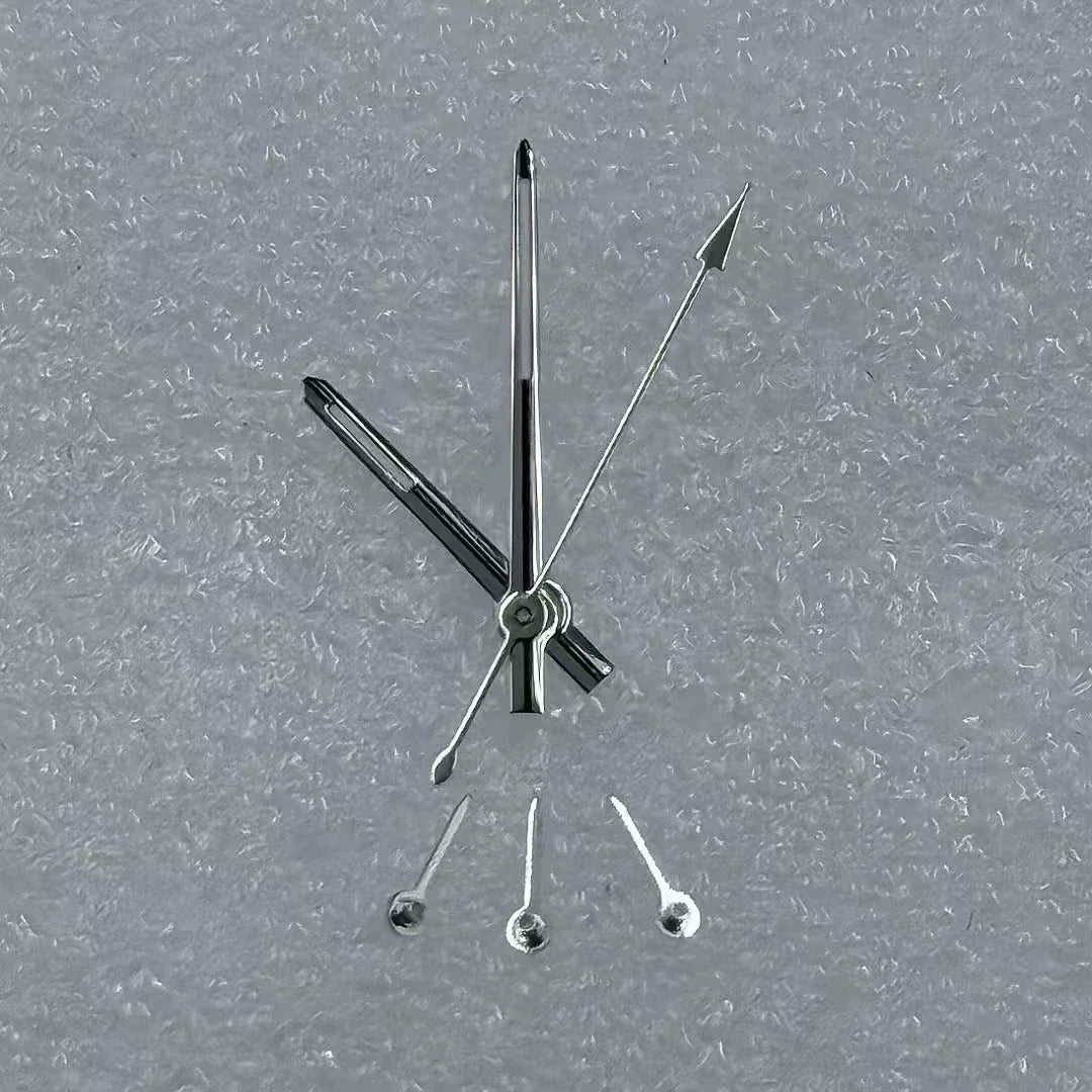 Silver-trimmed green luminous six-hand watch hands for VK63 movement, precision design.