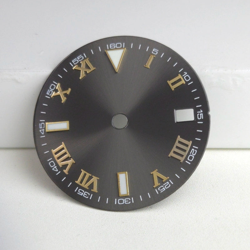 Grey Golden Nail Roman Font 29mm No Logo Watch Dial For NH35 NH36 Green Lume