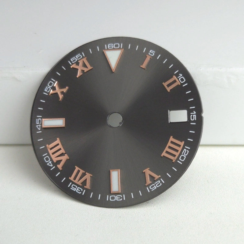 Grey Rose Golden Nail Roman Font 29mm No Logo Watch Dial For NH35 NH36 Green Lume