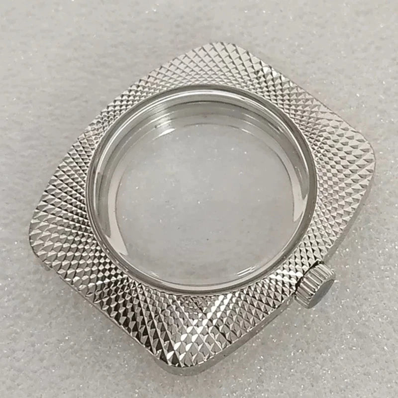 36.5mm Silver Geometric Design Bubble Mirror Watch Case+Strap Fit NH35/NH36/4R