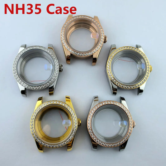 Diamond Decorated Steel Watch Case with Sapphire Glass Waterproof Fit NH35/NH36