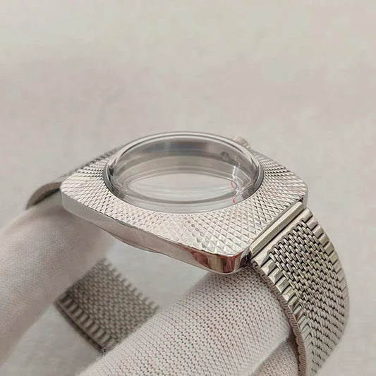 36.5mm Silver Geometric Design Bubble Mirror Watch Case+Strap Fit NH35/NH36/4R