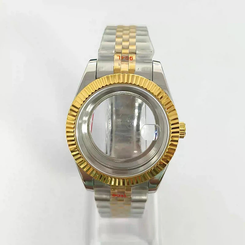 41mm Silver-Gold Classic Style Watch Case+Strap 28.5mm Dial Waterproof Fit 8285