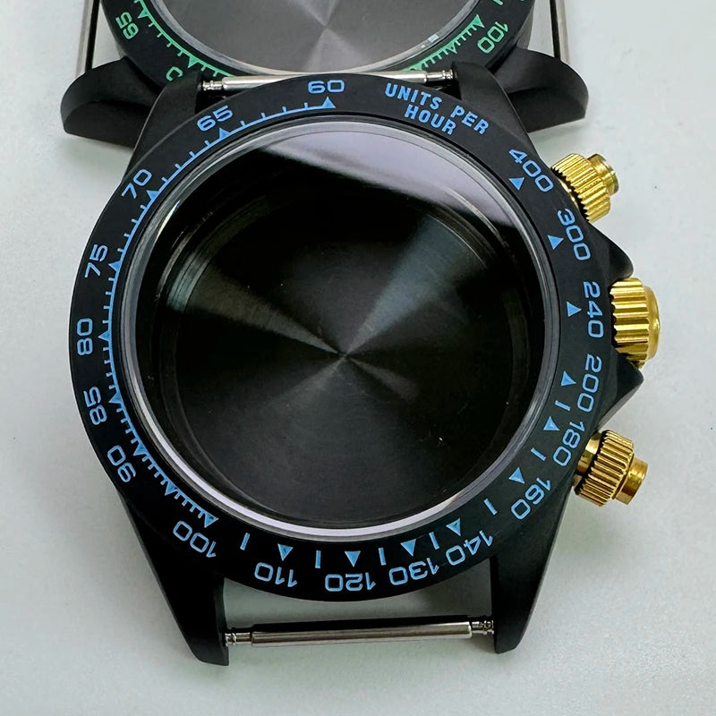 316L Steel 39mm Black Watch Case Sapphire Glass Ceramic/Steel Bezel Fit VK63