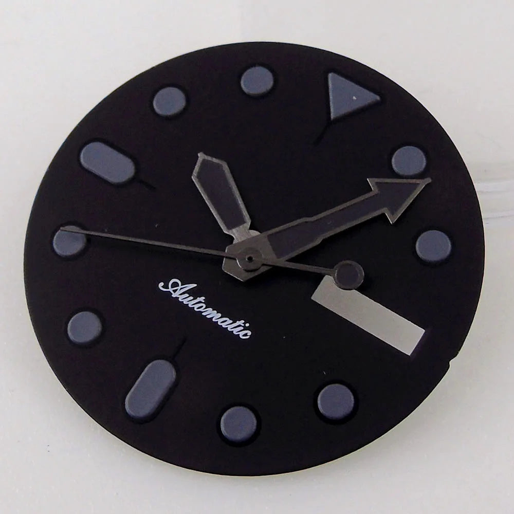 Nologo 29mm black dial with markers and hands for NH36 diver watch, double date function, 3/3.8 crown.