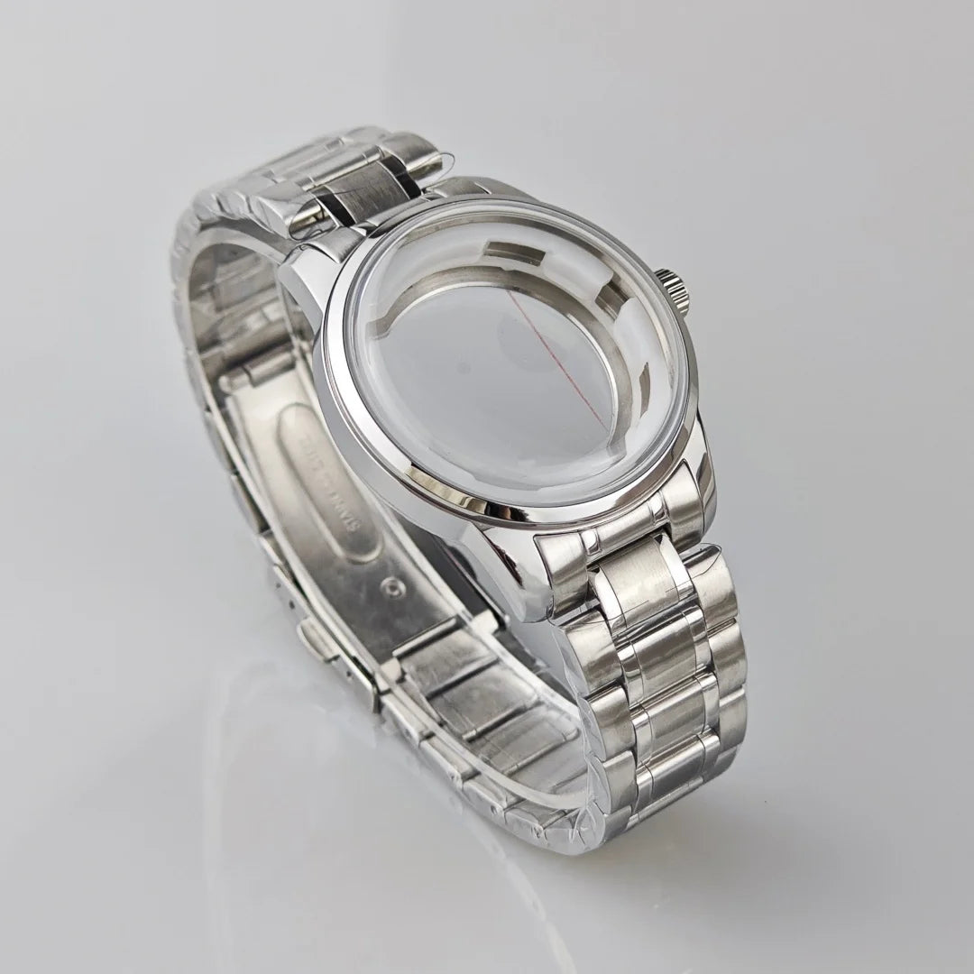 39.5mm Silver Watch Case for NH35/36/34/4R Push in Crown Mineral Strap