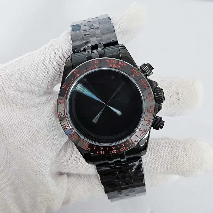 39mm Black Watch Case Strap Set for VK63 Shell Sapphire Glass Case Watchband