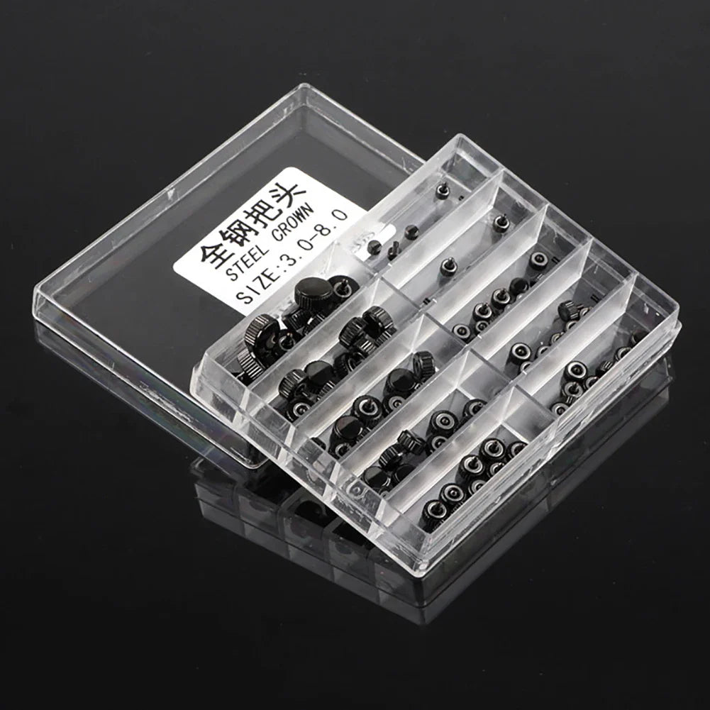 100 stücke 3-8mm Schwarz Edelstahl Quarz Uhr Kronen Kit Set Uhr Reparatur Teile
