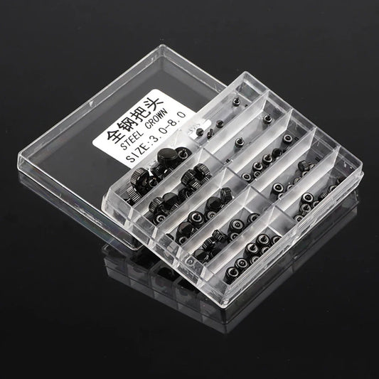 1. Black stainless steel watch crowns 3-8mm for quartz watch repair, 100pcs kit.