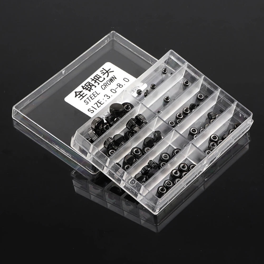 Kit de 100 couronnes de montre à quartz en acier inoxydable noir de 3 à 8 mm, pièces de réparation
