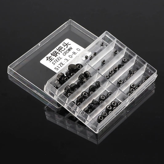 1. Assorted 3-8mm black stainless steel watch crowns for quartz watch repairs.