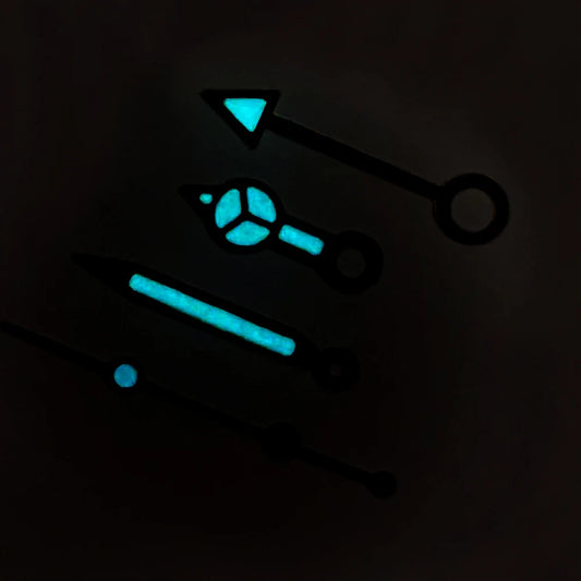 Green and silver trim blue luminous diving watch hands set for NH34 GMT movement, compatible with various brands.